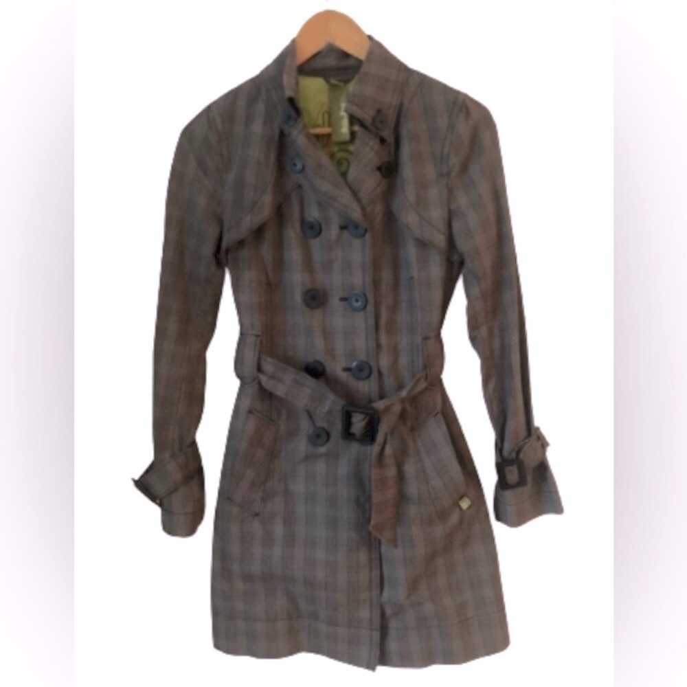Soia & Kyo gray glen plaid belted dble breasted md lngth coat SZ XS old money